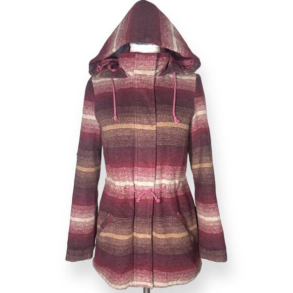 JACK BY BB DAKOTA Wool Blend Hooded Coat Zip Jacket Drawstring Ombre Red Small - Picture 2 of 16